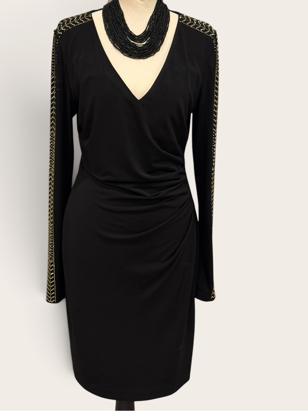 Guess Black V-Neck Long Sleeve Dress with Gold Accent